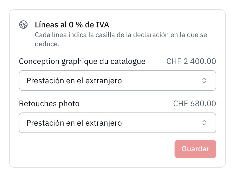 El recuadro Líneas al 0 % de IVA de una factura a un cliente en Alemania: las dos líneas clasificadas como Prestación en el extranjero.