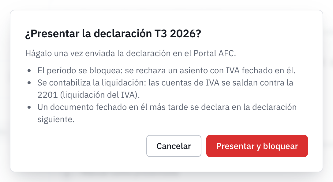 La ventana ¿Presentar la declaración T3 2026?: el período se bloquea, la liquidación se contabiliza y un documento tardío pasa a la declaración siguiente.