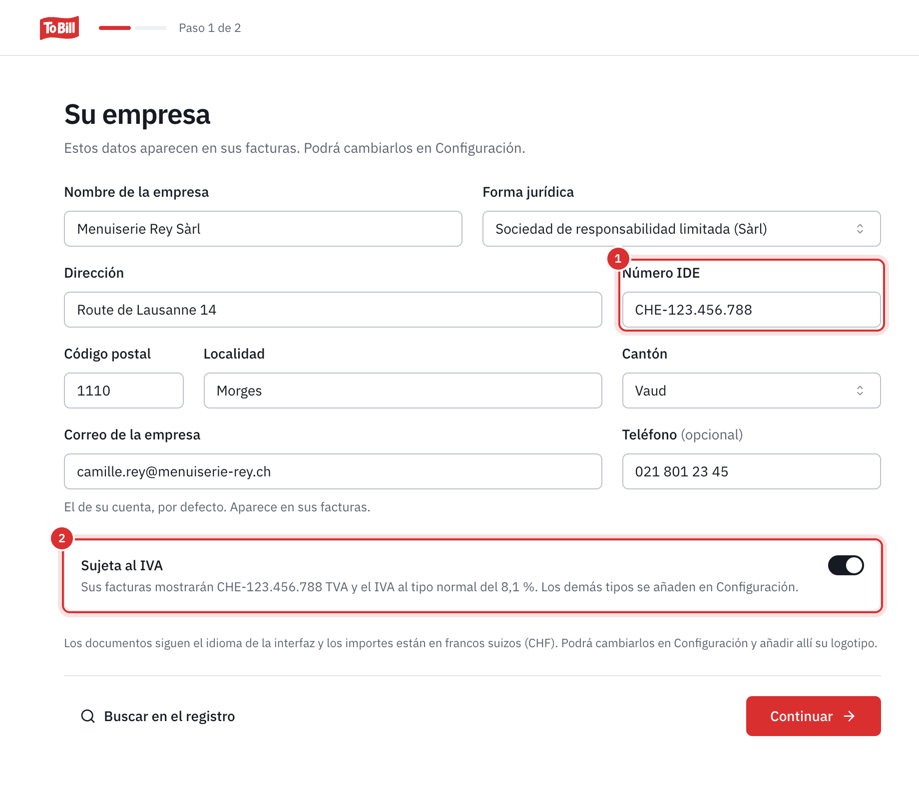 La pantalla Su empresa rellenada a mano: nombre, forma jurídica Sàrl, dirección, número IDE, código postal, localidad, cantón de Vaud, correo electrónico, teléfono y el interruptor Sujeta al IVA activado.