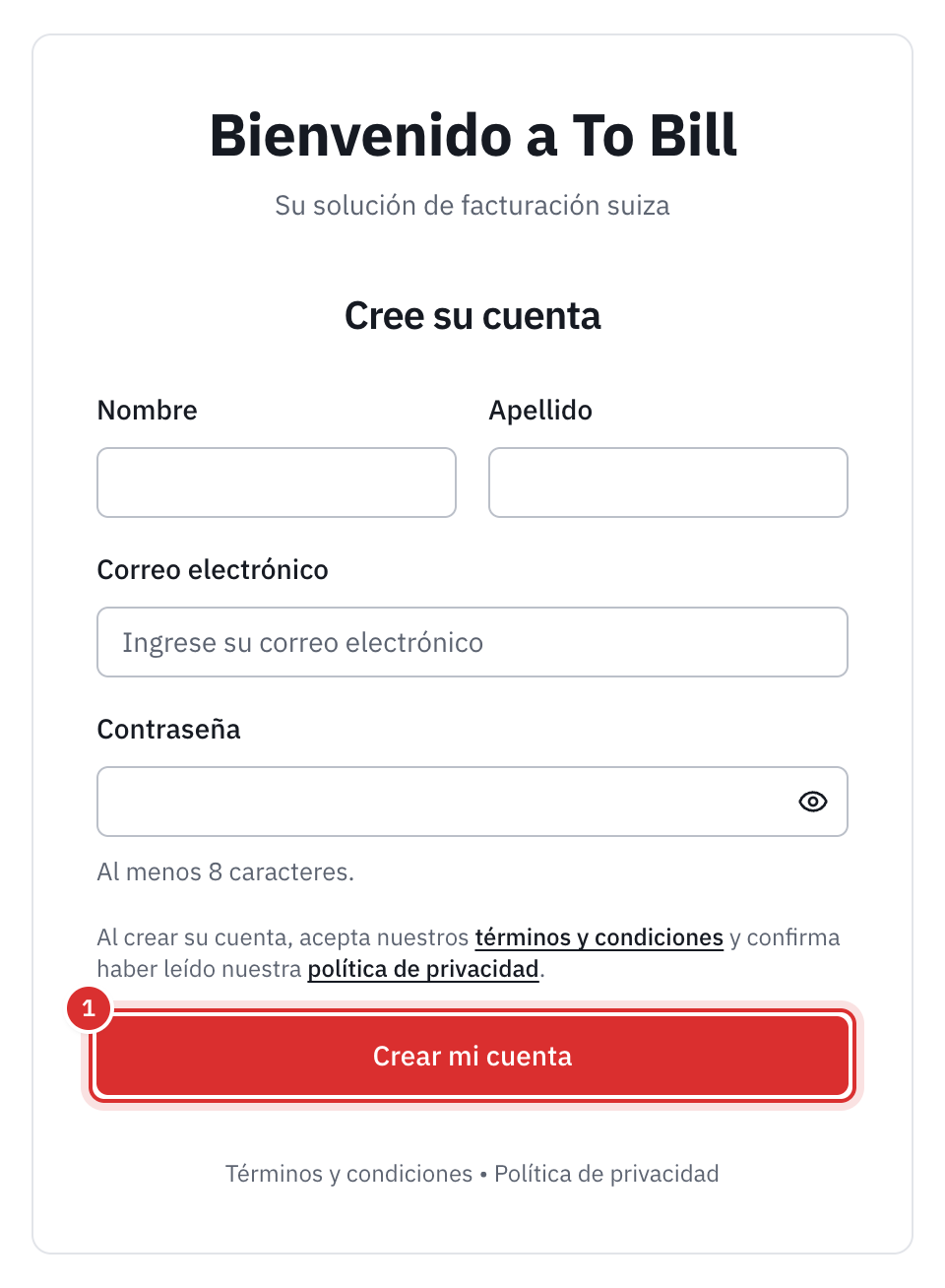 El formulario Cree su cuenta: nombre, apellido, correo electrónico, contraseña, la frase sobre las condiciones generales y el botón Crear mi cuenta.