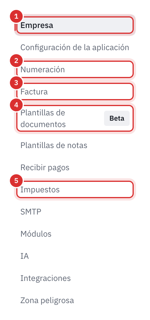 El menú de la configuración, con Empresa, Numeración, Factura, Plantillas de documentos e Impuestos enmarcados.