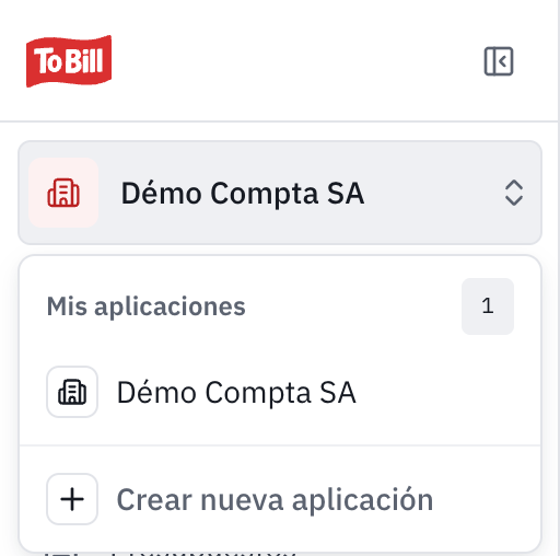 El selector de empresa abierto: Mis aplicaciones, la empresa actual y Crear nueva aplicación.