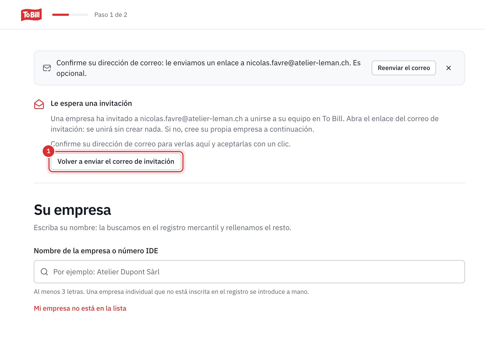 La pantalla Su empresa de una cuenta recién creada: el aviso Confirme su dirección de correo y, después, Le espera una invitación, con la frase sobre la confirmación de la dirección y el botón Volver a enviar el correo de invitación.