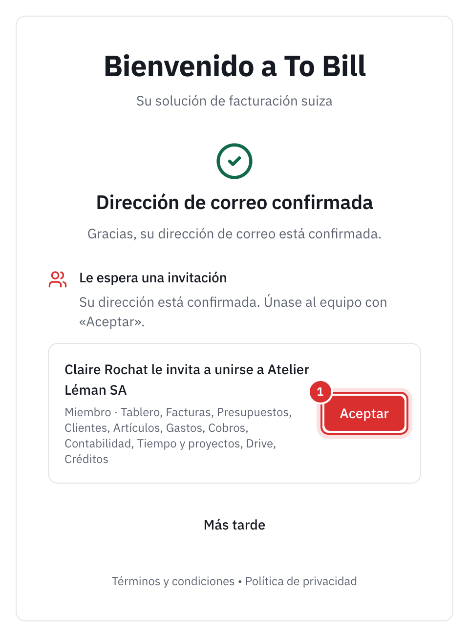 La página Dirección de correo confirmada: Le espera una invitación, Claire Rochat le invita a unirse a Atelier Léman SA, el rol Miembro y sus ámbitos, el botón Aceptar y, debajo, Más tarde.