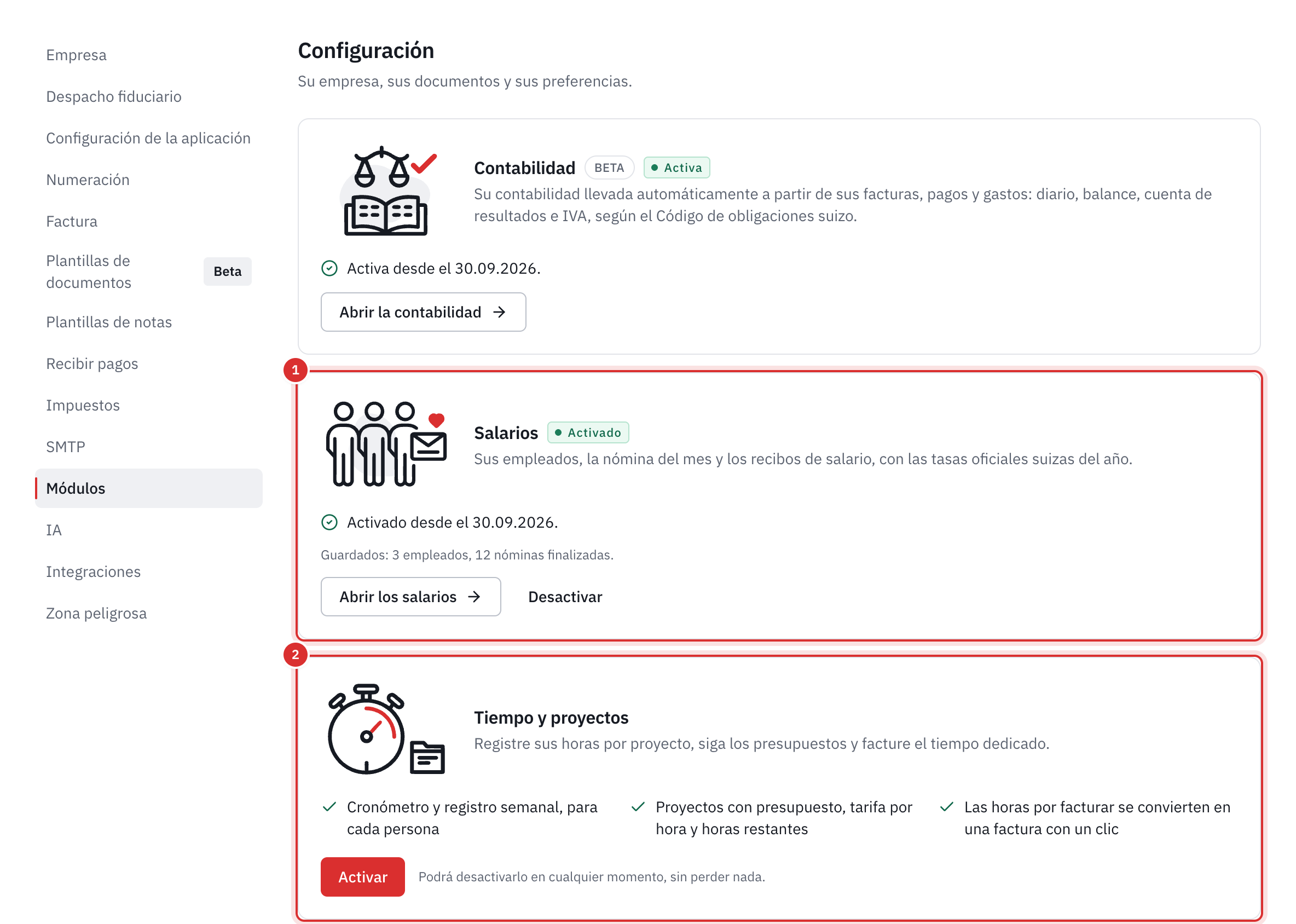 La pestaña Módulos: la contabilidad y los salarios activados, con Abrir y Desactivar, y Tiempo y proyectos con el botón Activar.