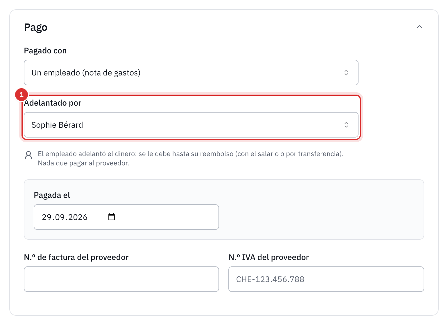 El pago de un gasto pagado por Un empleado (nota de gastos), con el campo Adelantado por: Sophie Bérard.