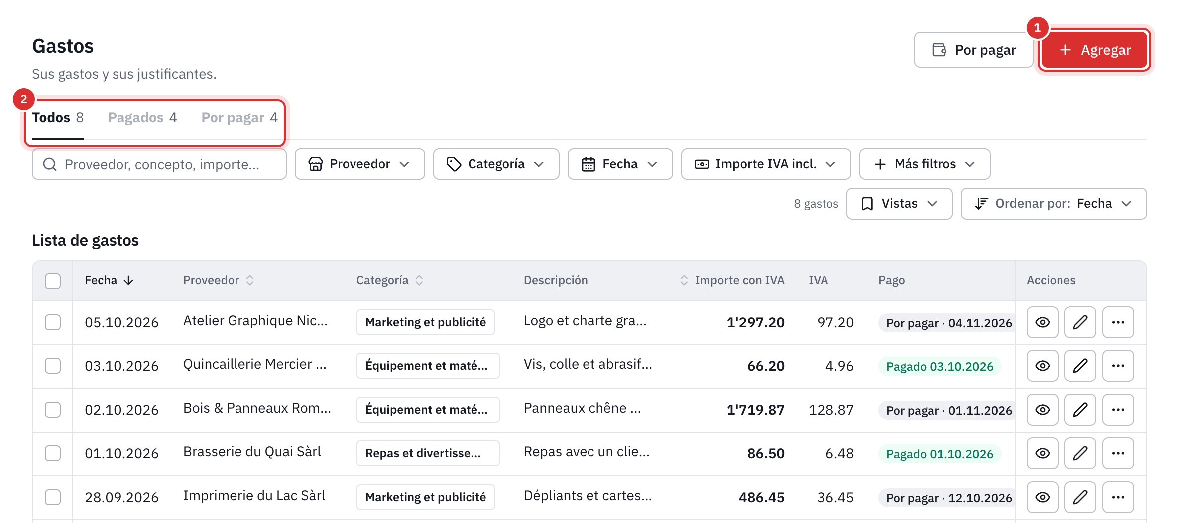 La lista de gastos: el botón Agregar, las pestañas Todos, Pagados y Por pagar, y la tabla con el proveedor, la categoría, el importe con IVA, el IVA y el pago.