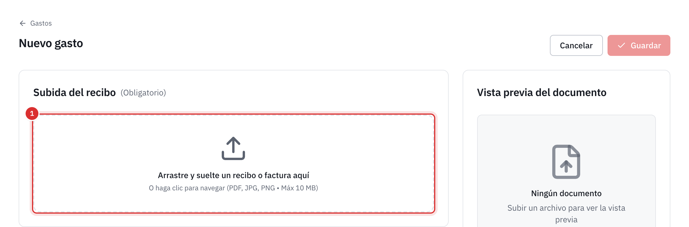 La página Nuevo gasto: el recuadro Subida del recibo, marcado como Obligatorio, y la vista previa del documento a la derecha.