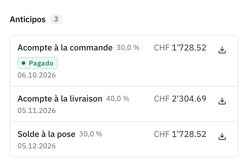 La sección Pagos a plazos de una factura: el anticipo con el pedido pagado, el anticipo con la entrega y el saldo con el montaje, con sus vencimientos y sus importes.