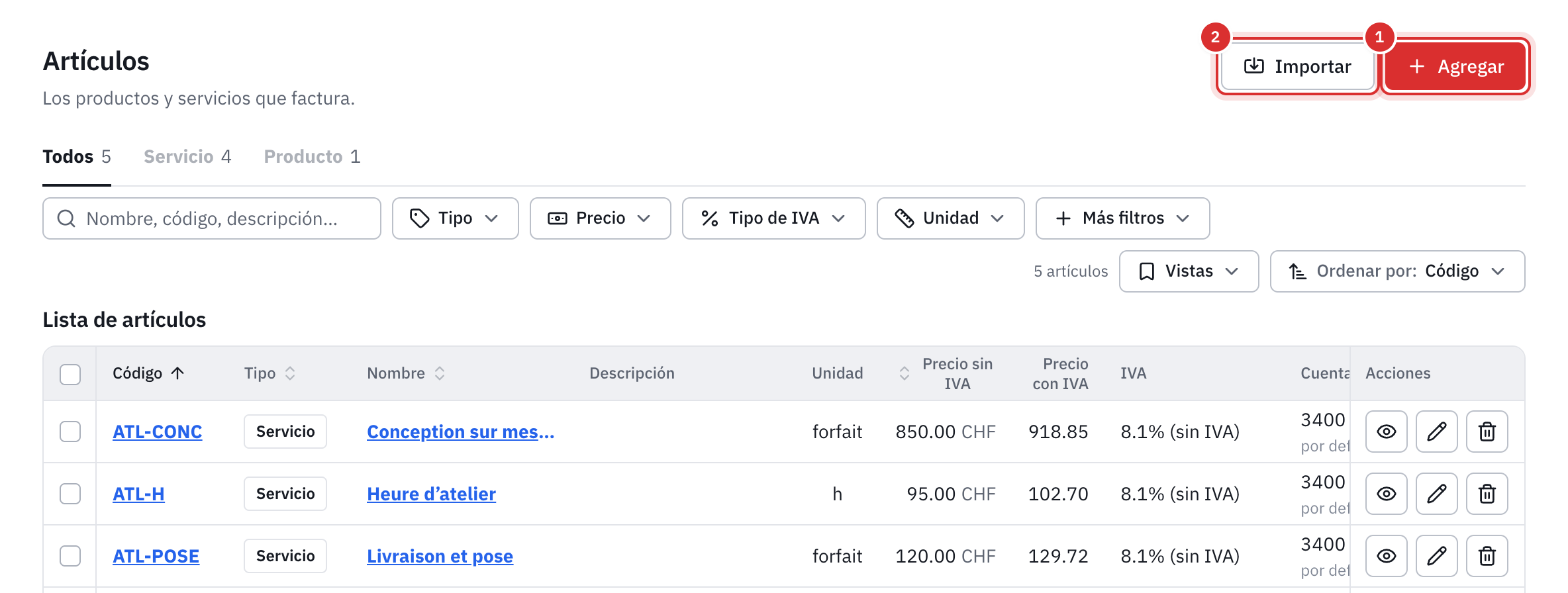 La lista de artículos con su código, su tipo, su precio sin IVA y con IVA, su IVA y su cuenta de ventas.