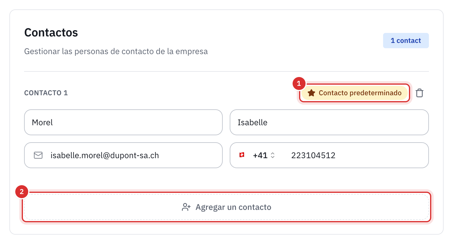La sección Contactos de la ficha de una empresa, con un contacto predeterminado y el botón Agregar un contacto.