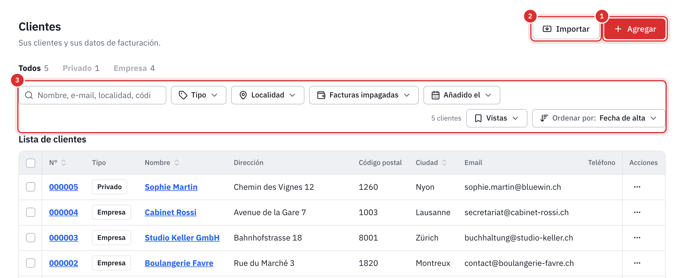La lista de clientes: los botones Agregar e Importar, las pestañas Todos, Privado y Empresa, la barra de búsqueda y de filtros y, debajo, la tabla.