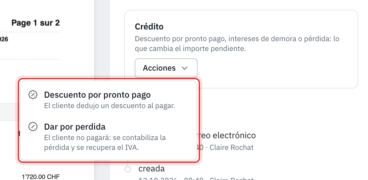 El panel Crédito de una factura con el menú Acciones abierto: Descuento por pronto pago y Dar por perdida.
