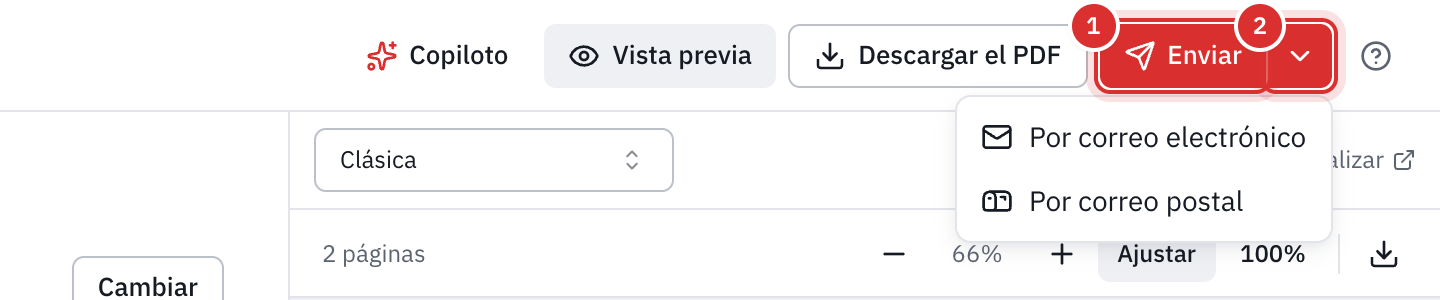 La parte superior del editor de una factura: el botón Enviar y su flecha abierta, con Por correo electrónico y Por correo postal.