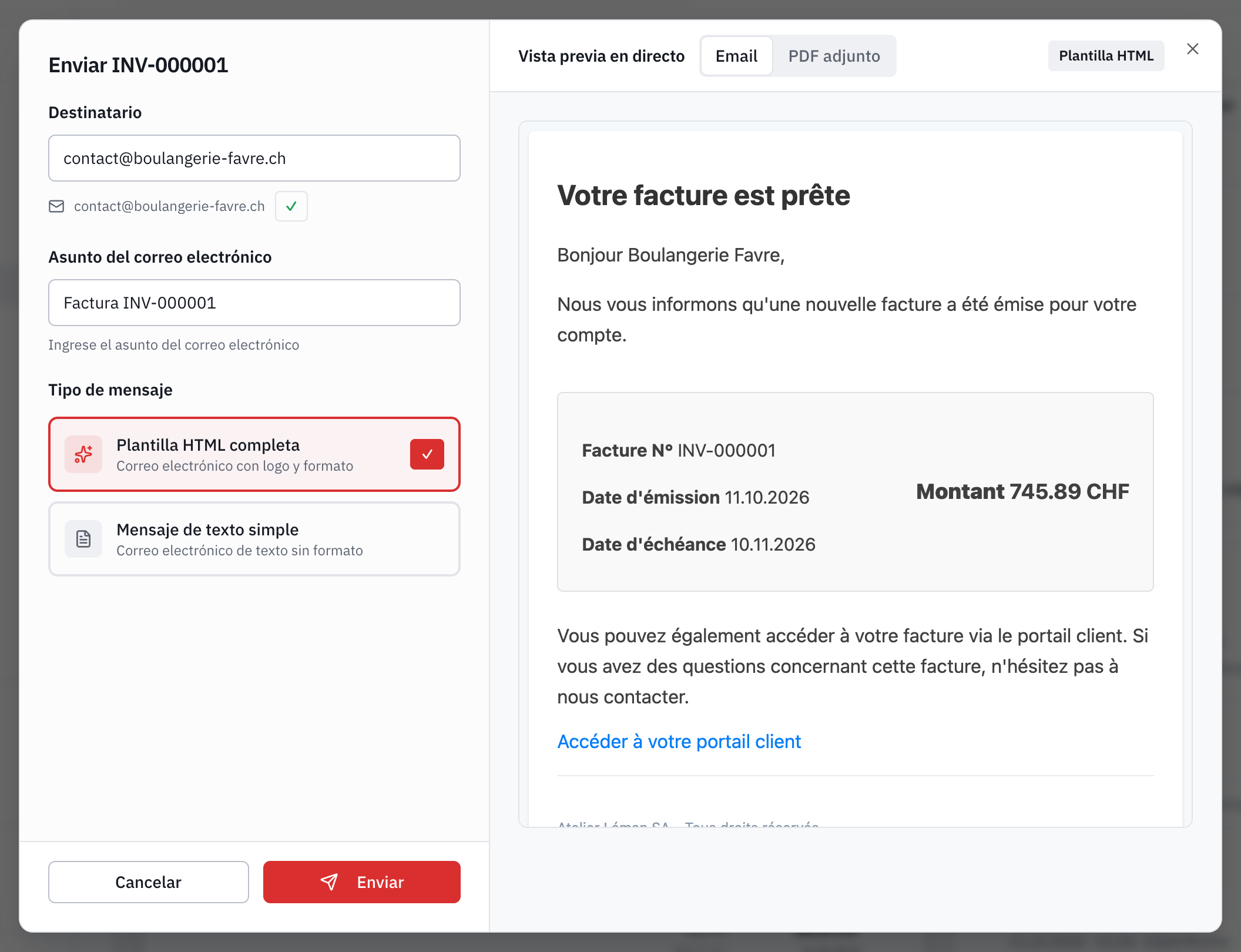 La ventana de envío: el destinatario, los otros contactos, el asunto, el tipo de mensaje y la vista previa del correo electrónico con el enlace al portal del cliente.