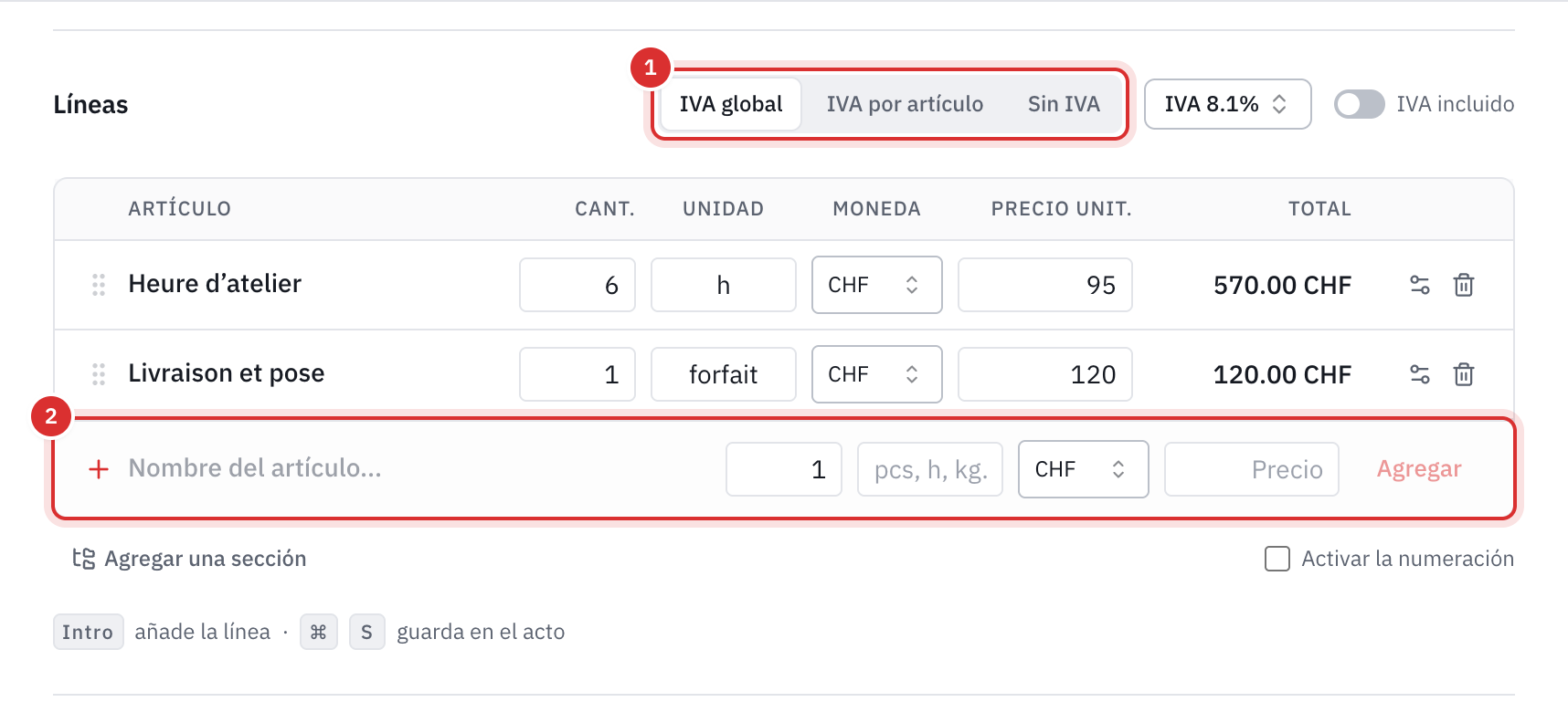 La parte Líneas con la elección IVA global, IVA por artículo o Sin IVA, dos líneas, la línea para añadir y el recordatorio de las teclas Intro y ⌘ S.