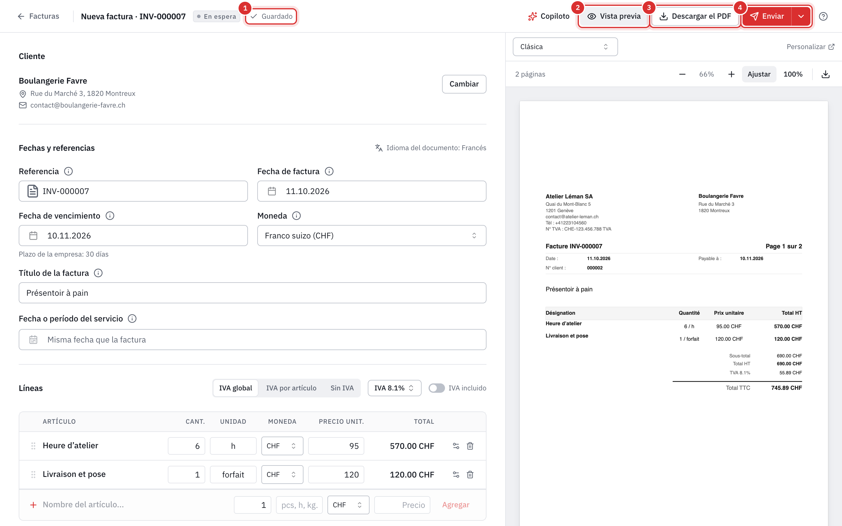 El editor de una factura en una sola página: arriba, el indicador Guardado y los botones Vista previa, Descargar el PDF y Enviar; a la izquierda, el cliente, las fechas y las líneas; a la derecha, la vista previa del PDF.