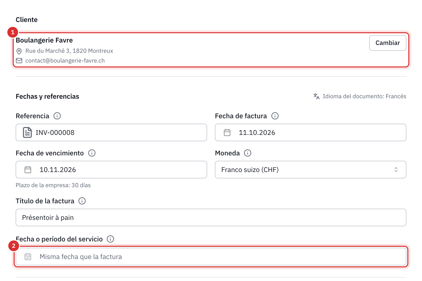 Las partes Cliente y Fechas y referencias: el cliente elegido con su dirección, la referencia, las fechas de factura y de vencimiento con el plazo del cliente, la moneda, el título y el campo Fecha o período del servicio.