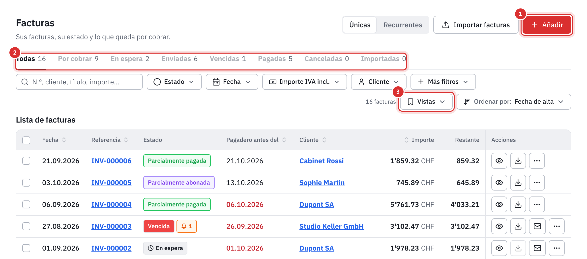 La lista de facturas: el botón Agregar, las pestañas por estado, la barra de filtros y la tabla con la fecha, la referencia, el estado, el vencimiento, el cliente, el importe y el restante.