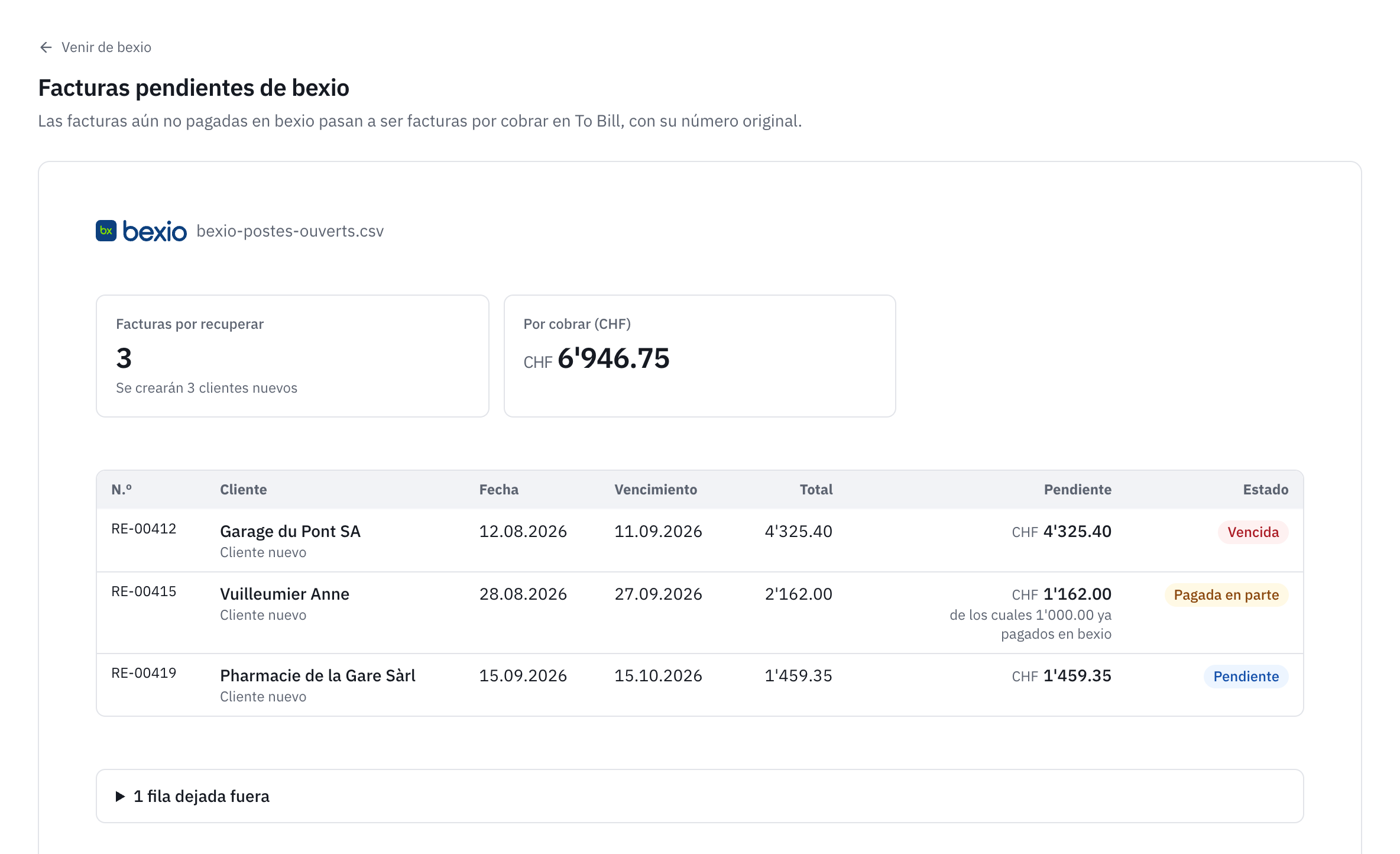 La vista previa de las facturas pendientes de bexio: tres facturas por recuperar con su cliente, sus fechas, su total, su importe pendiente y su estado, una de ellas pagada en parte.