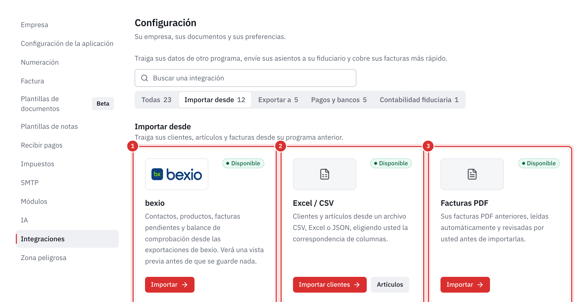 Configuración, Integraciones, categoría Importar desde: las tarjetas bexio, Excel / CSV y Facturas PDF, disponibles.