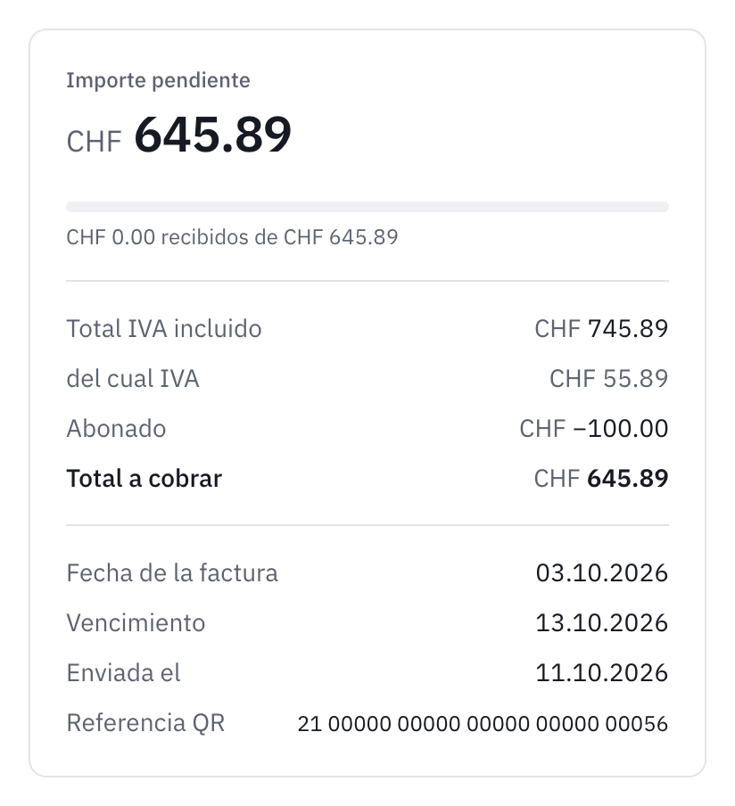 El resumen de una factura parcialmente abonada: el restante pendiente, el total con IVA, el importe abonado y el total a cobrar.