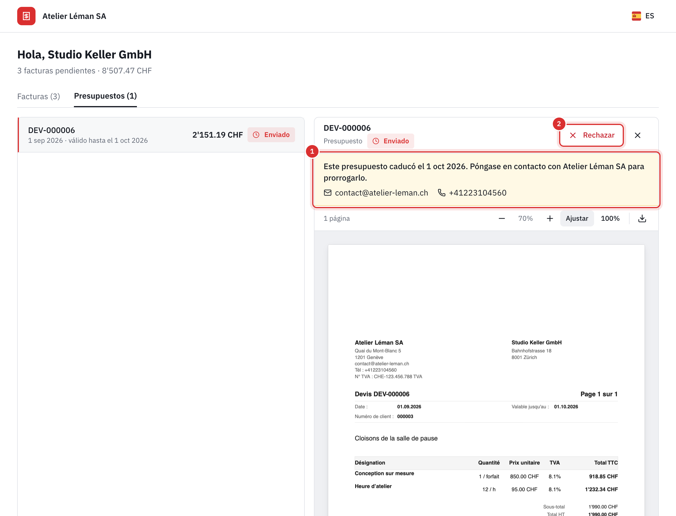 Un presupuesto caducado abierto en el portal del cliente: en lugar de Aceptar, el mensaje Este presupuesto caducó el 01 oct 2026. Póngase en contacto con Atelier Léman SA para prorrogarlo., con el correo y el teléfono de la empresa, y el botón Rechazar.