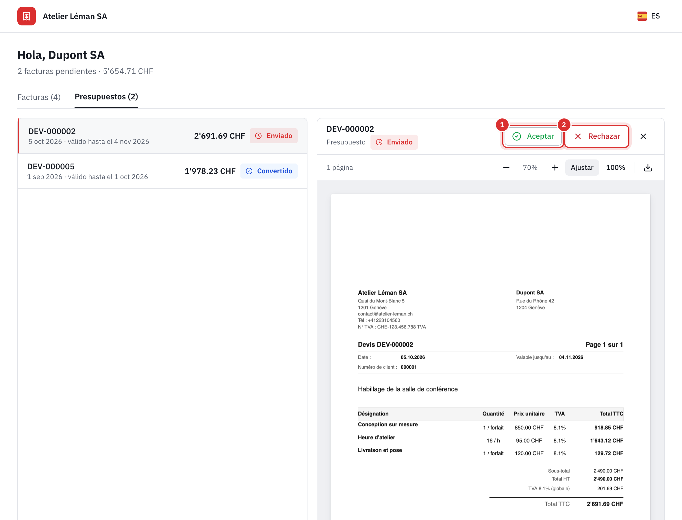 Un presupuesto enviado abierto en el portal: los botones Aceptar y Rechazar, y el PDF del presupuesto ajustado al ancho, con el número de páginas, el zoom y la descarga.