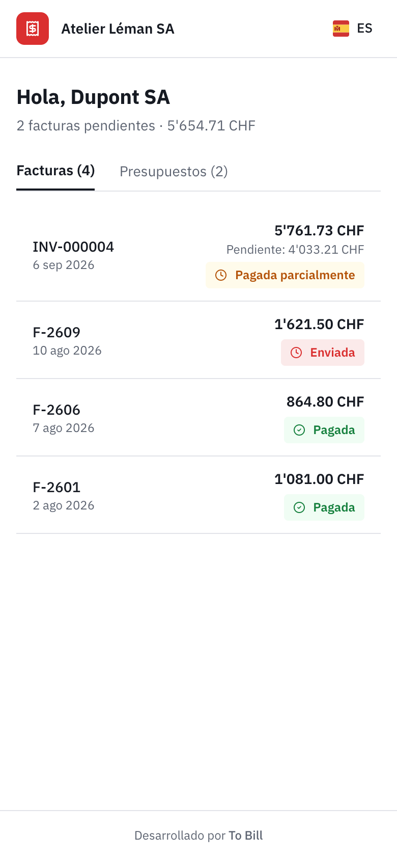 El portal del cliente en un teléfono, con la lista de facturas.