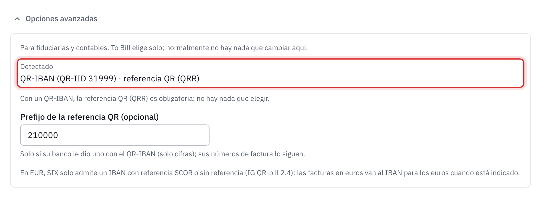 Las opciones avanzadas abiertas para un QR-IBAN: el tipo detectado QR-IBAN (QR-IID 31999) con la referencia QR (QRR), el prefijo de la referencia QR y la regla de los euros.