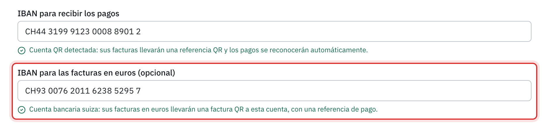 El campo IBAN para las facturas en euros relleno y la línea verde: Cuenta bancaria suiza, sus facturas en euros llevarán una factura QR a esta cuenta, con una referencia de pago.