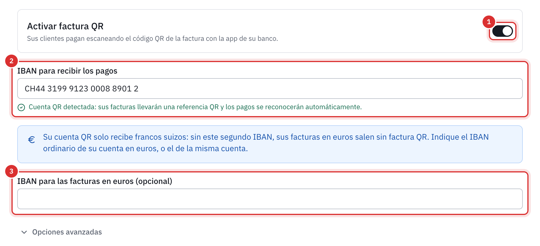 La sección Factura QR de la configuración: el interruptor Activar factura QR, el QR-IBAN en IBAN para recibir los pagos, la línea Cuenta QR detectada, la nota sobre los euros y el campo IBAN para las facturas en euros.