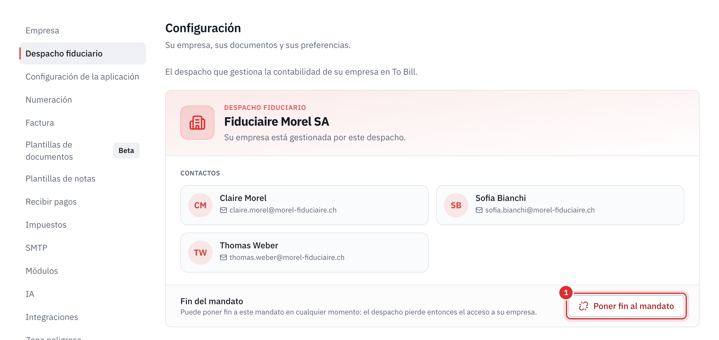 La página Despacho fiduciario del cliente: el despacho, sus responsables y el botón Poner fin al mandato.