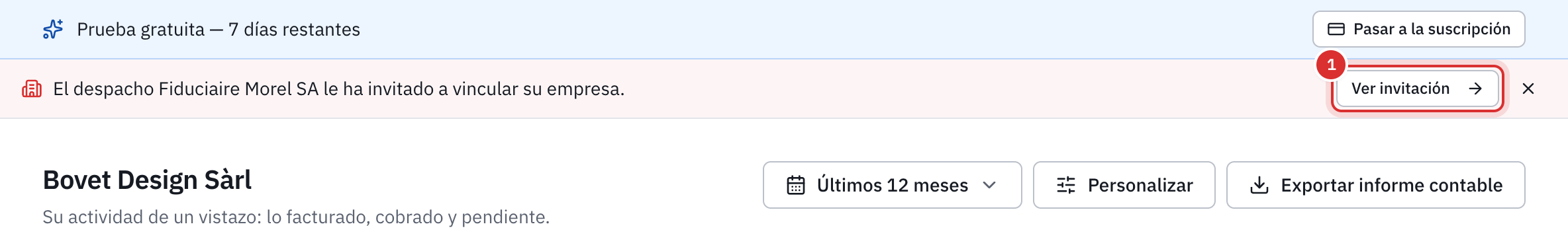 El panel del cliente con el aviso de la invitación del despacho y el botón Ver invitación.