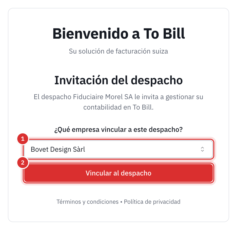 La página Invitación del despacho: la elección de la empresa y el botón Vincular al despacho.