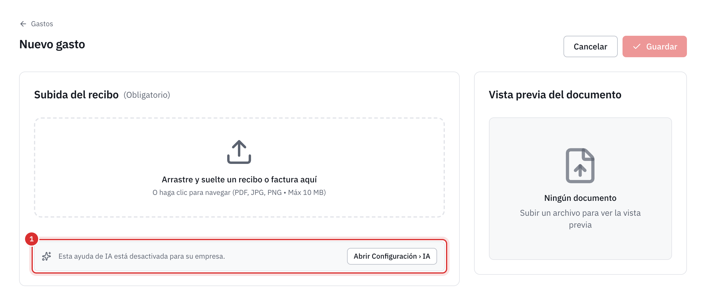 La página Nuevo gasto de una empresa sin IA: bajo la zona del recibo, la nota Esta ayuda de IA está desactivada para su empresa, con el botón Abrir Configuración, IA.