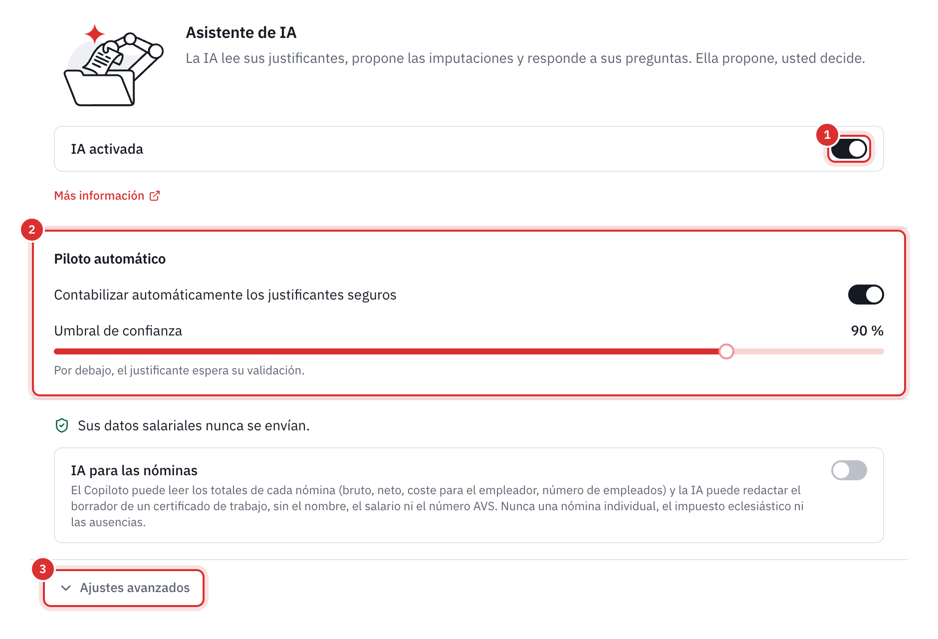 La página Configuración, IA: el interruptor IA activada, el piloto automático y el enlace Ajustes avanzados.