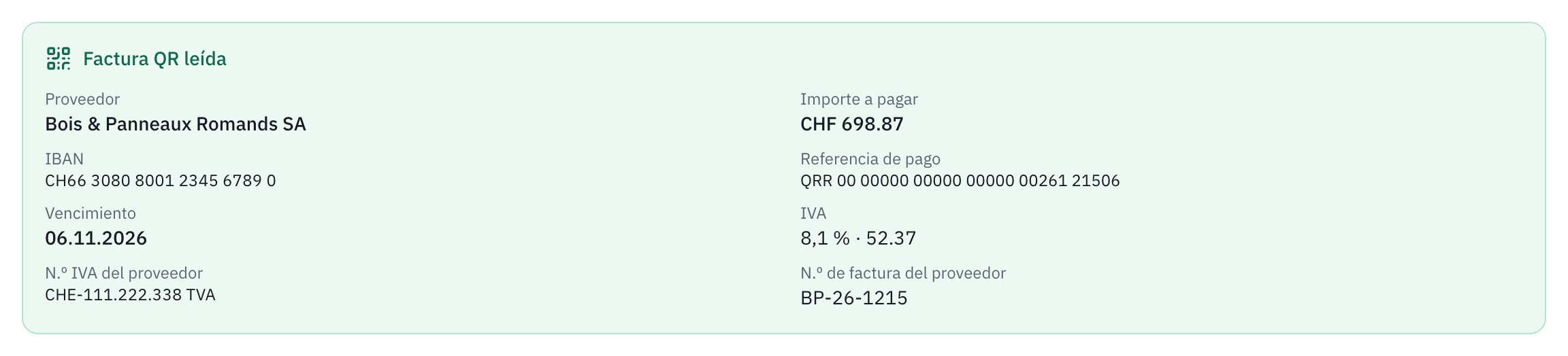 El recuadro Factura QR leída: el proveedor, el importe a pagar, el IBAN, la referencia QR, el vencimiento, el IVA al 8,1 %, el número de IVA y el número de la factura del proveedor.