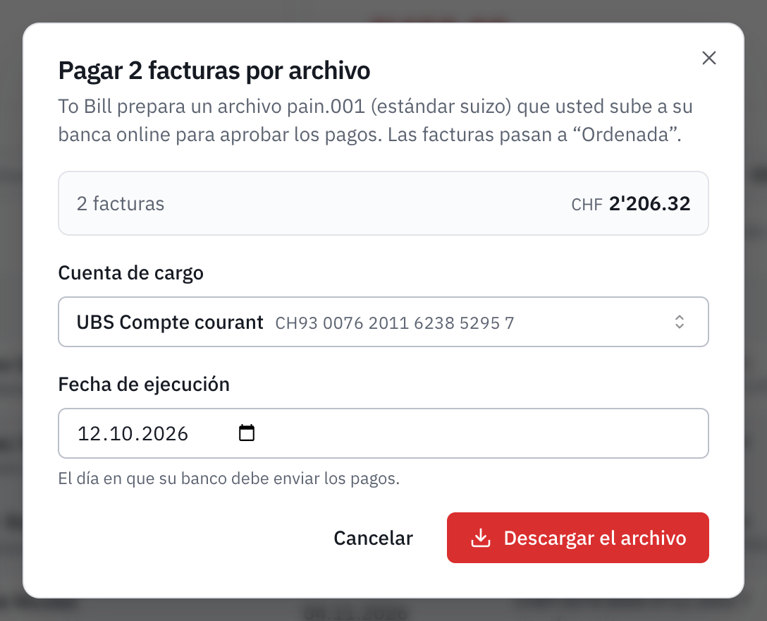 La ventana Pagar 2 facturas por archivo: el total, la cuenta de cargo UBS Compte courant, la fecha de ejecución y el botón Descargar el archivo.
