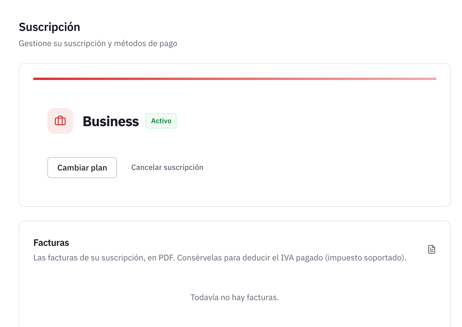 La página Suscripción: el plan activo, los botones Cambiar plan y Cancelar suscripción, y el historial de pagos.