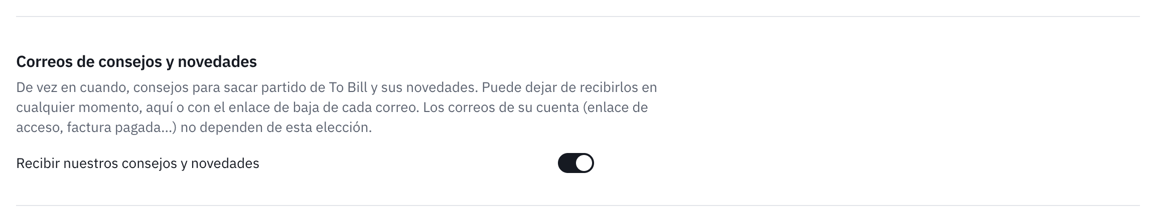 La parte Correos de consejos y novedades de Mi cuenta: el texto que la explica y el interruptor Recibir nuestros consejos y novedades, encendido.