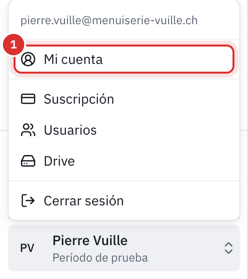El menú de la cuenta abierto abajo a la izquierda: el correo electrónico, Mi cuenta, Suscripción, Usuarios, Drive y Cerrar sesión.