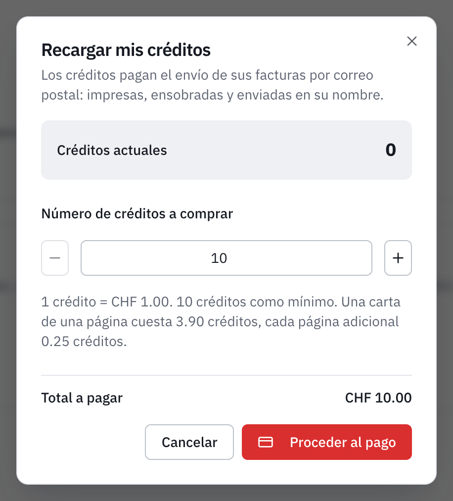La ventana Recargar mis créditos: para qué sirven los créditos (el envío de las facturas por correo postal), los créditos actuales, el número que comprar, la tarifa con el mínimo de 10 créditos y el precio de una carta, y el total a pagar de CHF 10.00.