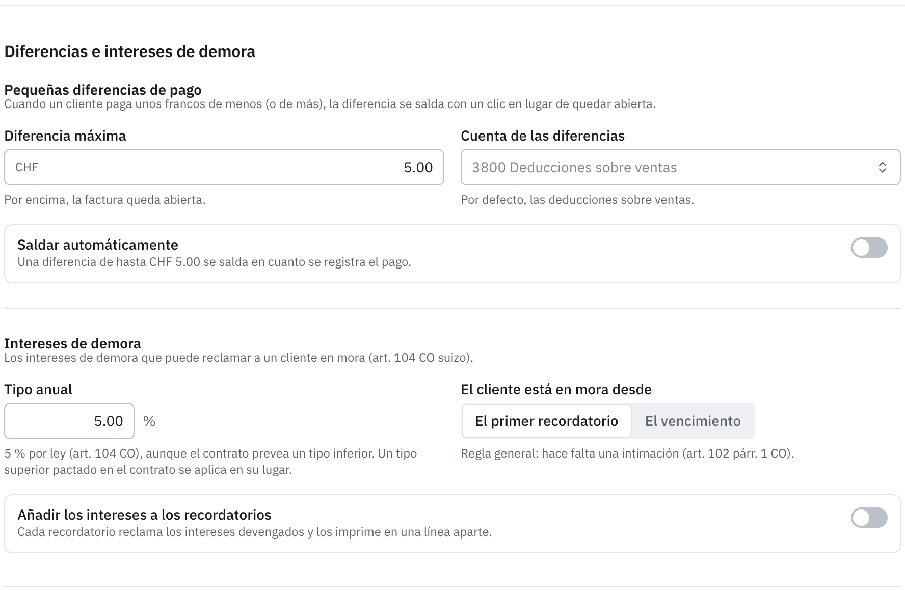 La parte Diferencias e intereses de demora: la diferencia máxima, la cuenta de las diferencias, el tipo anual y el inicio de la mora.