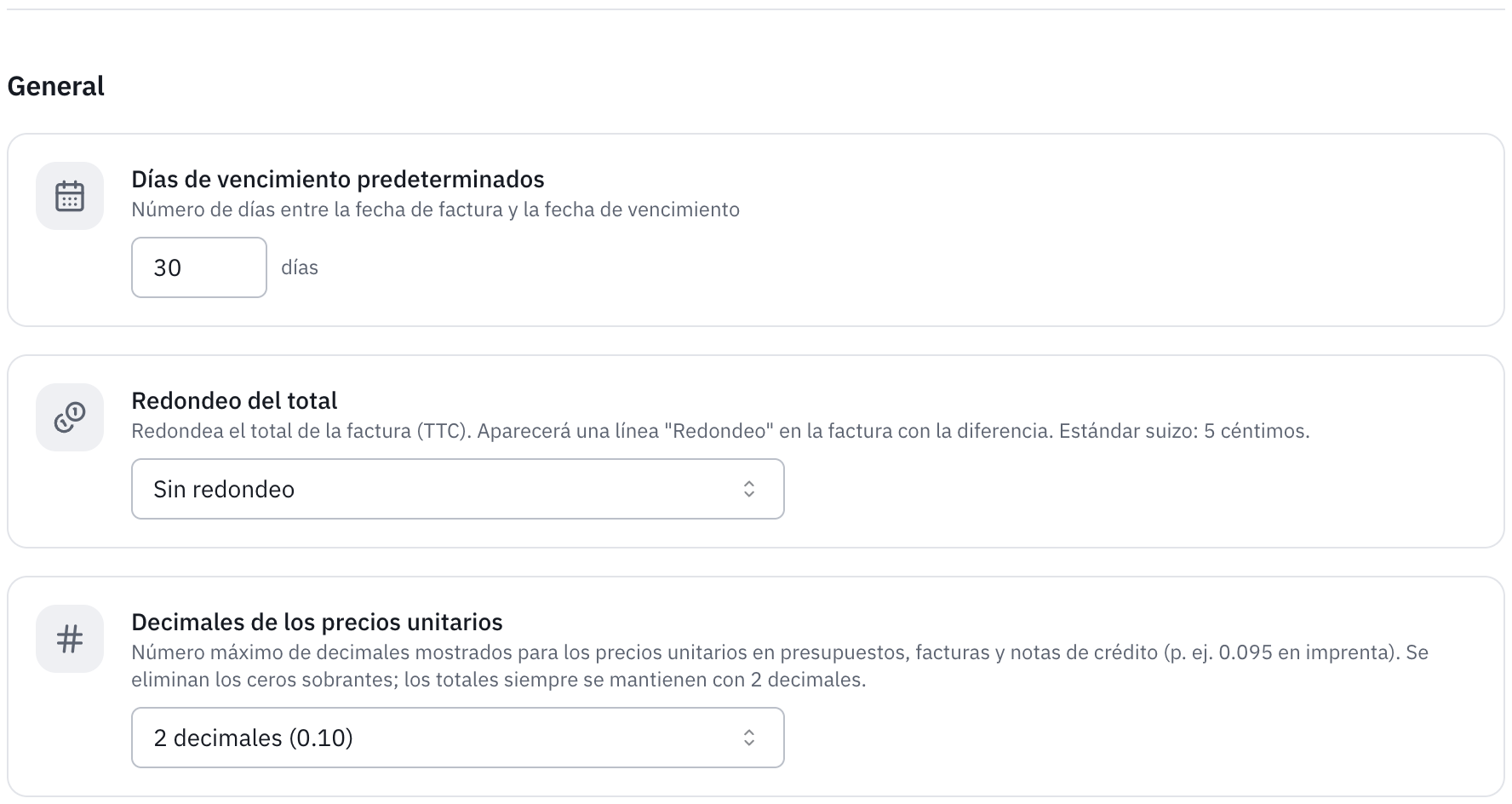 La parte General: días de vencimiento predeterminados, redondeo del total y decimales de los precios unitarios.