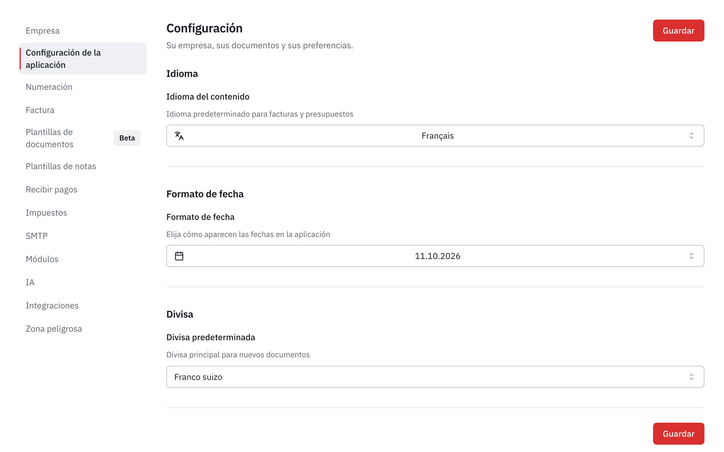 La pestaña Configuración de la aplicación: el idioma del contenido, el formato de fecha y la divisa predeterminada.