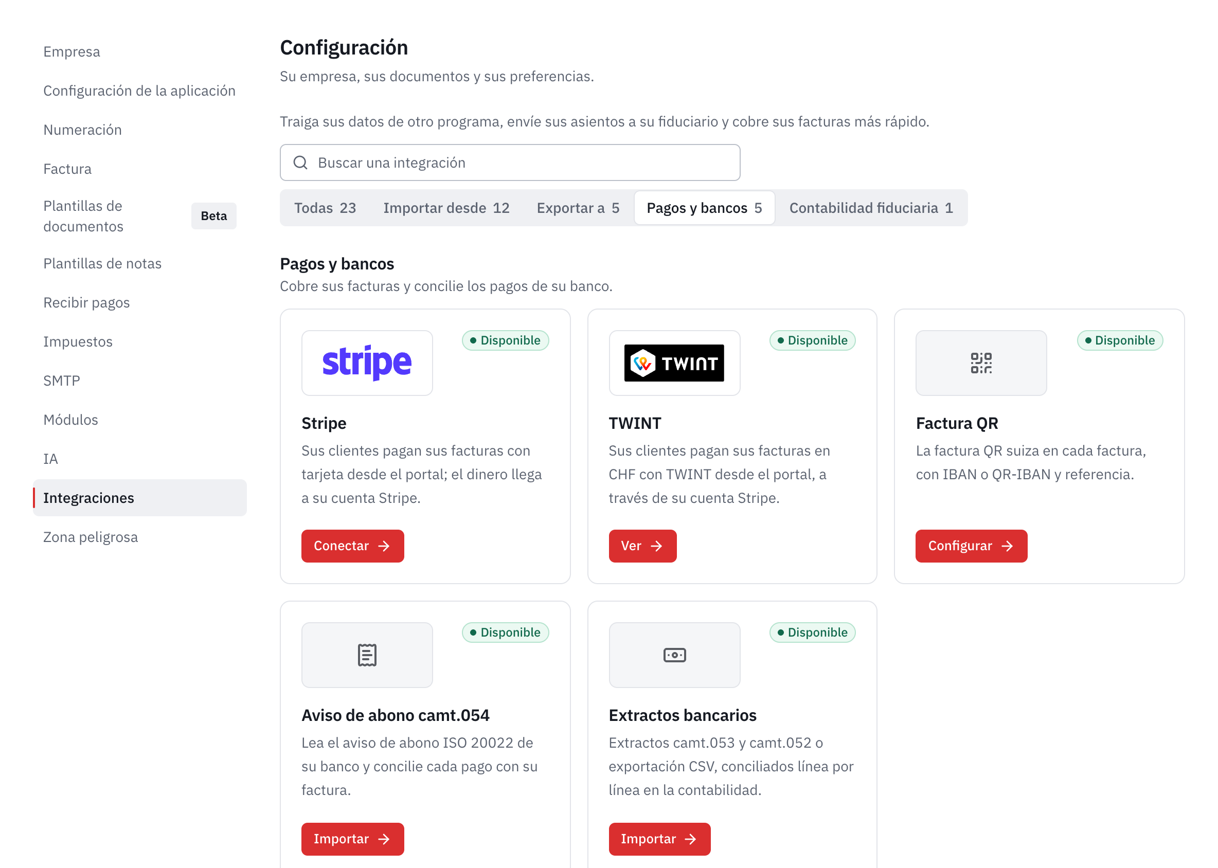La categoría Pagos y bancos: Stripe, TWINT, factura QR, aviso de abono camt.054 y extractos bancarios.