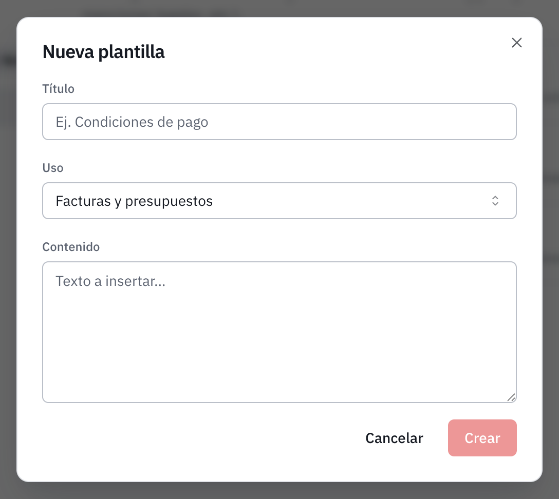 La ventana Nueva plantilla: el título, el uso y el contenido de la nota.