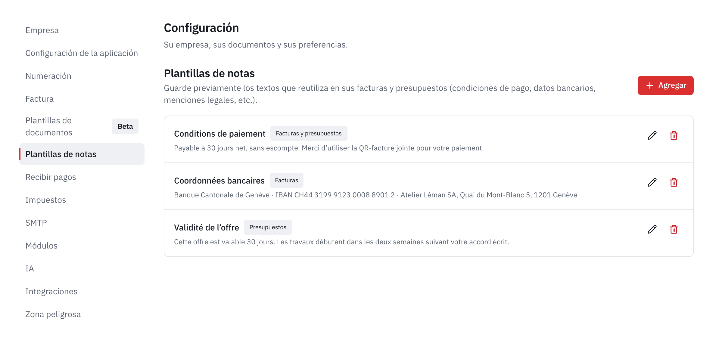 La lista de plantillas de notas: condiciones de pago, datos bancarios y validez de la oferta, con su uso.