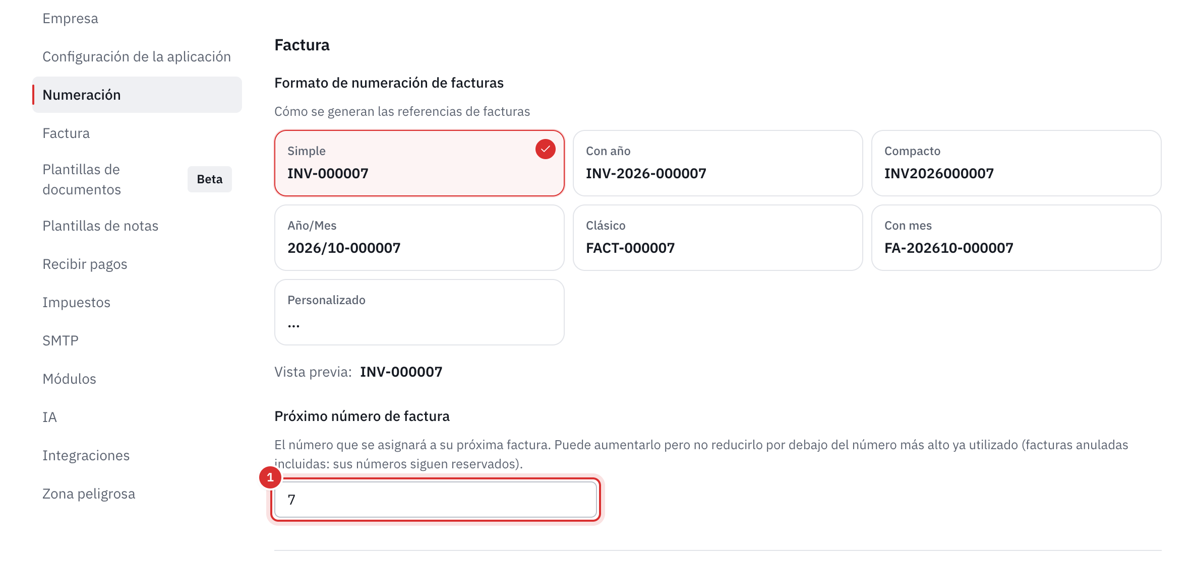 La parte Factura: los formatos de numeración de las facturas y el campo Próximo número de factura.